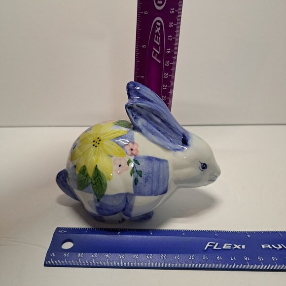 Ceramic Easter Bunny Rabbit Figurine Blue/White Check Yellow Pink Floral Cottage - Picture 6 of 7